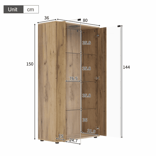 Vitrine 80×36×150,5 cm - 2 portas de vidro, 4 prateleiras, iluminação LED regulável - Natural Vitrine 80×36×150,5 cm - 2 portas de vidro, 4 prateleiras, iluminação LED regulável - Natural