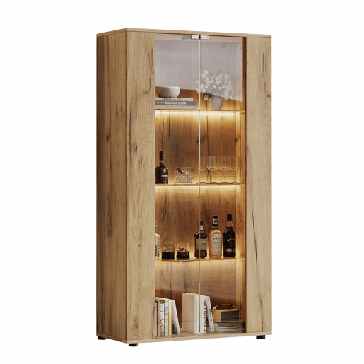 Vitrine 80×36×150,5 cm - 2 portas de vidro, 4 prateleiras, iluminação LED regulável - Natural Vitrine 80×36×150,5 cm - 2 portas de vidro, 4 prateleiras, iluminação LED regulável - Natural