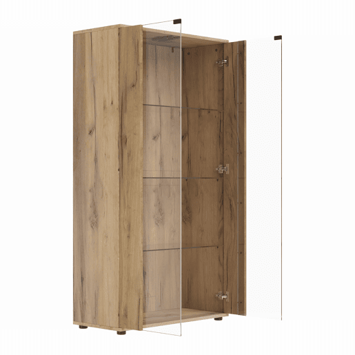 Vitrine 80×36×150,5 cm - 2 portas de vidro, 4 prateleiras, iluminação LED regulável - Natural Vitrine 80×36×150,5 cm - 2 portas de vidro, 4 prateleiras, iluminação LED regulável - Natural
