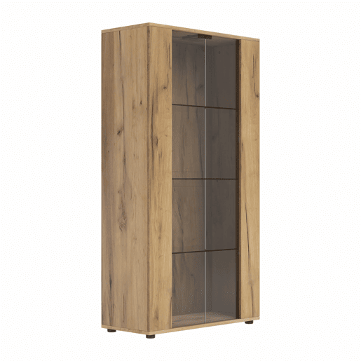 Vitrine 80×36×150,5 cm - 2 portas de vidro, 4 prateleiras, iluminação LED regulável - Natural Vitrine 80×36×150,5 cm - 2 portas de vidro, 4 prateleiras, iluminação LED regulável - Natural
