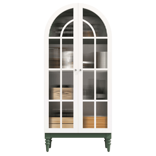Vitrina de 165 cm u2014 com portas duplas de vidro estriado, 3 prateleiras, design arqueado u2014 Verde escuro e branco Vitrina de 165 cm u2014 com portas duplas de vidro estriado, 3 prateleiras, design arqueado u2014 Verde escuro e branco