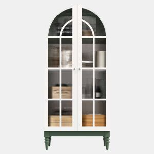 Vitrina de 165 cm u2014 com portas duplas de vidro estriado, 3 prateleiras, design arqueado u2014 Verde escuro e branco