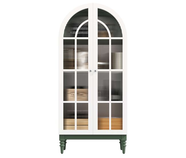 Vitrina 165 cm - con puertas dobles de vidrio estriado, 3 estantes, diseño arqueado - verde oscuro y blanco