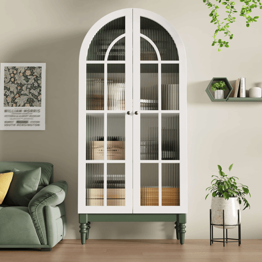 Vitrina de 165 cm u2014 com portas duplas de vidro estriado, 3 prateleiras, design arqueado u2014 Verde escuro e branco Vitrina de 165 cm u2014 com portas duplas de vidro estriado, 3 prateleiras, design arqueado u2014 Verde escuro e branco