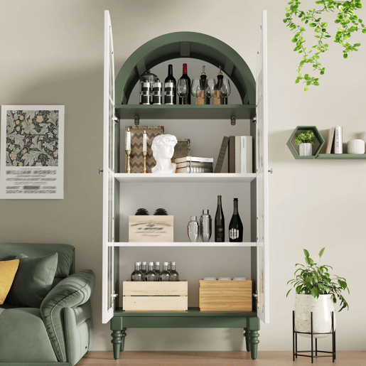 Vitrina de 165 cm u2014 com portas duplas de vidro estriado, 3 prateleiras, design arqueado u2014 Verde escuro e branco Vitrina de 165 cm u2014 com portas duplas de vidro estriado, 3 prateleiras, design arqueado u2014 Verde escuro e branco