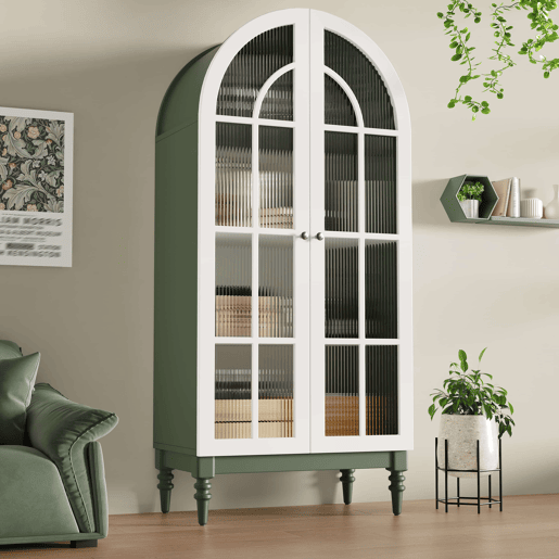 Vitrina de 165 cm u2014 com portas duplas de vidro estriado, 3 prateleiras, design arqueado u2014 Verde escuro e branco Vitrina de 165 cm u2014 com portas duplas de vidro estriado, 3 prateleiras, design arqueado u2014 Verde escuro e branco