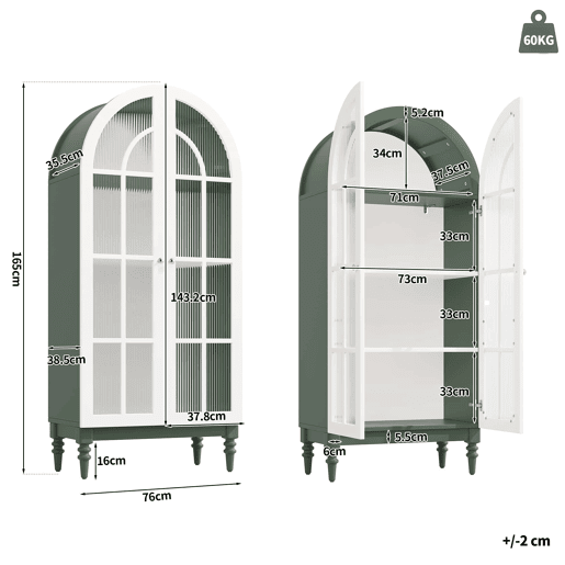 Vitrina de 165 cm u2014 com portas duplas de vidro estriado, 3 prateleiras, design arqueado u2014 Verde escuro e branco Vitrina de 165 cm u2014 com portas duplas de vidro estriado, 3 prateleiras, design arqueado u2014 Verde escuro e branco