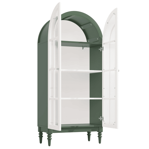 Vitrina de 165 cm u2014 com portas duplas de vidro estriado, 3 prateleiras, design arqueado u2014 Verde escuro e branco Vitrina de 165 cm u2014 com portas duplas de vidro estriado, 3 prateleiras, design arqueado u2014 Verde escuro e branco