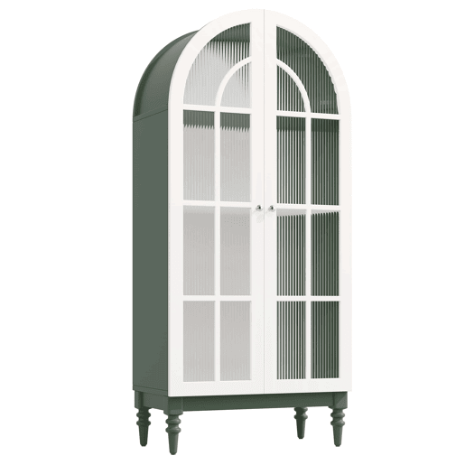 Vitrina de 165 cm u2014 com portas duplas de vidro estriado, 3 prateleiras, design arqueado u2014 Verde escuro e branco Vitrina de 165 cm u2014 com portas duplas de vidro estriado, 3 prateleiras, design arqueado u2014 Verde escuro e branco