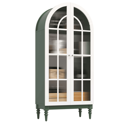 Vitrina de 165 cm u2014 com portas duplas de vidro estriado, 3 prateleiras, design arqueado u2014 Verde escuro e branco Vitrina de 165 cm u2014 com portas duplas de vidro estriado, 3 prateleiras, design arqueado u2014 Verde escuro e branco