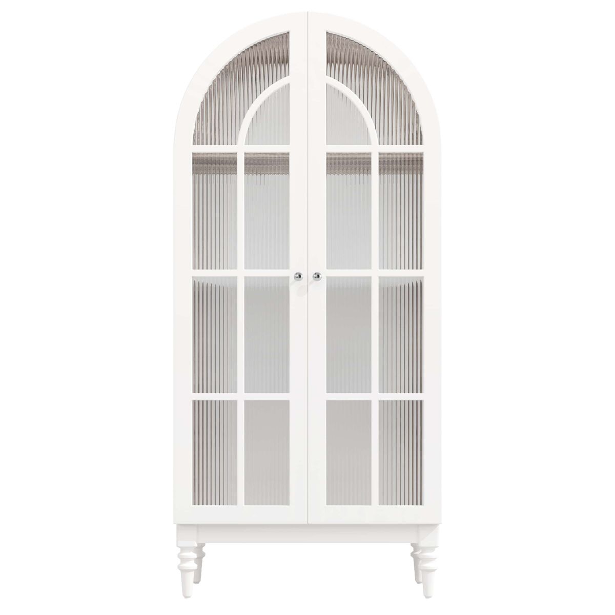 Vitrina 165 cm - puertas dobles de vidrio estriado, 3 estantes, estilo arqueado - blanco y nogal