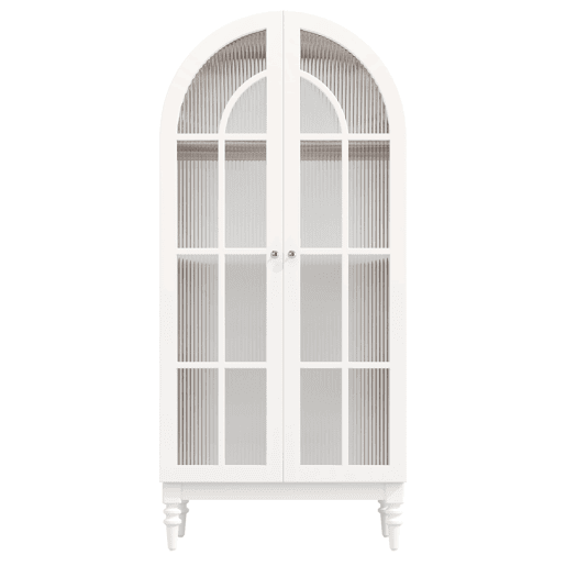 Vitrina de 165 cm - portas duplas de vidro estriado, 3 prateleiras, estilo arqueado - Branco e nogueira Vitrina de 165 cm - portas duplas de vidro estriado, 3 prateleiras, estilo arqueado - Branco e nogueira