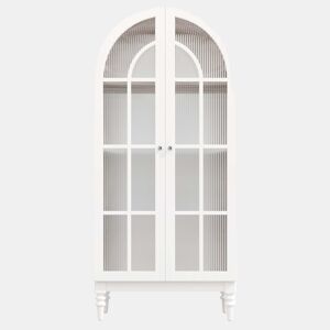 Vitrina de 165 cm - portas duplas de vidro estriado, 3 prateleiras, estilo arqueado - Branco e nogueira