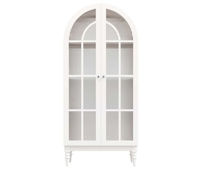 Vitrina 165 cm - puertas dobles de vidrio estriado, 3 estantes, estilo arqueado - blanco y nogal