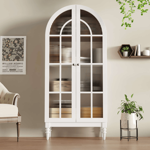Vitrina de 165 cm - portas duplas de vidro estriado, 3 prateleiras, estilo arqueado - Branco e nogueira Vitrina de 165 cm - portas duplas de vidro estriado, 3 prateleiras, estilo arqueado - Branco e nogueira