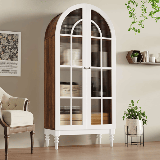 Vitrina de 165 cm - portas duplas de vidro estriado, 3 prateleiras, estilo arqueado - Branco e nogueira Vitrina de 165 cm - portas duplas de vidro estriado, 3 prateleiras, estilo arqueado - Branco e nogueira