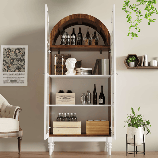 Vitrina de 165 cm - portas duplas de vidro estriado, 3 prateleiras, estilo arqueado - Branco e nogueira Vitrina de 165 cm - portas duplas de vidro estriado, 3 prateleiras, estilo arqueado - Branco e nogueira