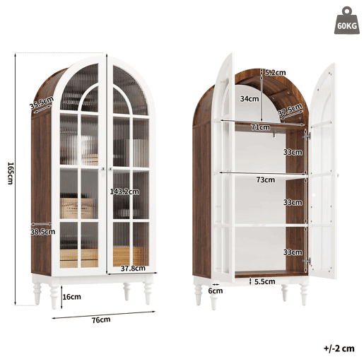 Vitrina de 165 cm - portas duplas de vidro estriado, 3 prateleiras, estilo arqueado - Branco e nogueira Vitrina de 165 cm - portas duplas de vidro estriado, 3 prateleiras, estilo arqueado - Branco e nogueira