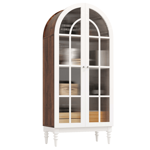 Vitrina de 165 cm - portas duplas de vidro estriado, 3 prateleiras, estilo arqueado - Branco e nogueira Vitrina de 165 cm - portas duplas de vidro estriado, 3 prateleiras, estilo arqueado - Branco e nogueira