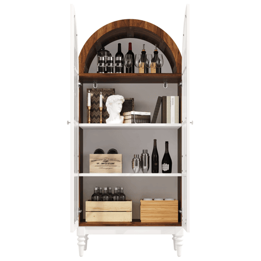 Vitrina de 165 cm - portas duplas de vidro estriado, 3 prateleiras, estilo arqueado - Branco e nogueira Vitrina de 165 cm - portas duplas de vidro estriado, 3 prateleiras, estilo arqueado - Branco e nogueira