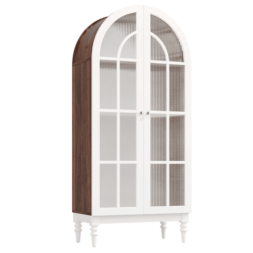Vitrina de 165 cm - portas duplas de vidro estriado, 3 prateleiras, estilo arqueado - Branco e nogueira Vitrina de 165 cm - portas duplas de vidro estriado, 3 prateleiras, estilo arqueado - Branco e nogueira