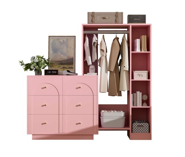 Armario ropero 139x35x133 cm - con barra de colgar, 6 cajones y estantes laterales - rosa