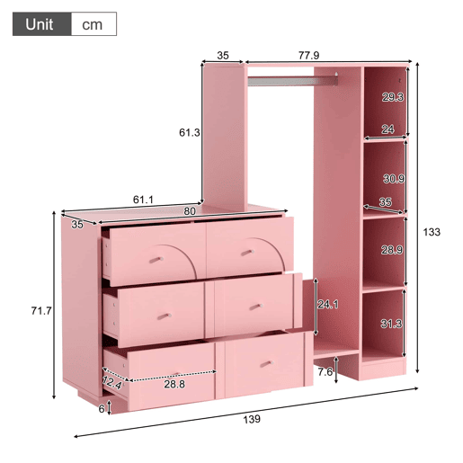 Roupeiro 139 x 35 x 133 cm u2013 com varão para pendurar roupa, 6 gavetas e prateleiras laterais u2013 rosa Roupeiro 139 x 35 x 133 cm u2013 com varão para pendurar roupa, 6 gavetas e prateleiras laterais u2013 rosa