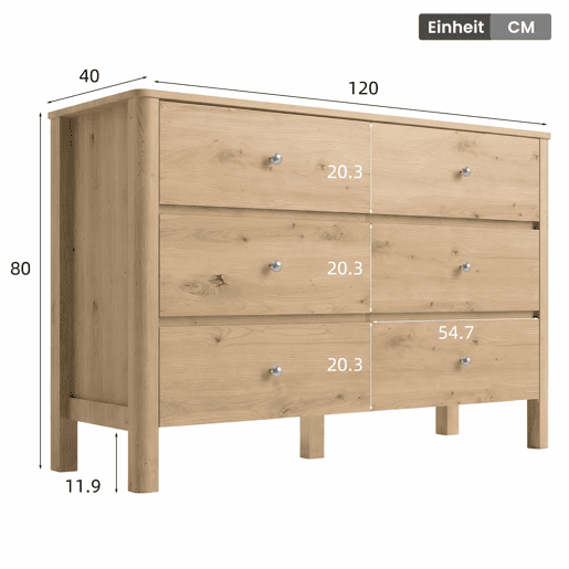 Cómoda 120 x 40 x 80 cm - 6 gavetas, grande capacidade de arrumação para a sala, o quarto e a sala de jantar - Carvalho Cómoda 120 x 40 x 80 cm - 6 gavetas, grande capacidade de arrumação para a sala, o quarto e a sala de jantar - Carvalho