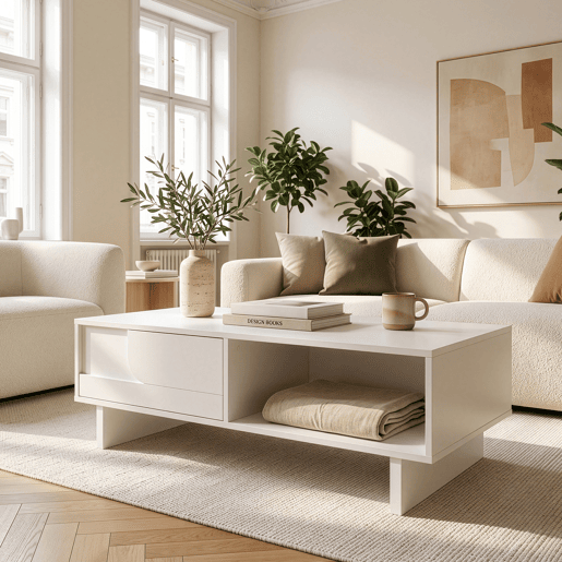 Mesa de centro Katanshumn gaveta + compartimentos 110x55x39 cm Branca en.casa Mesa de centro Katanshumn gaveta + compartimentos 110x55x39 cm Branca en.casa