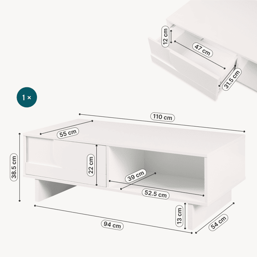 Mesa de centro Katanshumn gaveta + compartimentos 110x55x39 cm Branca en.casa Mesa de centro Katanshumn gaveta + compartimentos 110x55x39 cm Branca en.casa