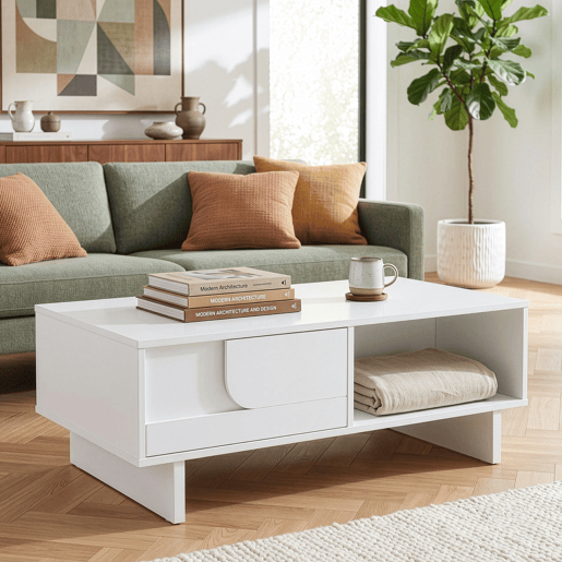 Mesa de centro Katanshumn gaveta + compartimentos 110x55x39 cm Branca en.casa Mesa de centro Katanshumn gaveta + compartimentos 110x55x39 cm Branca en.casa