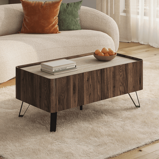 Mesa de centro Trorlon 2 gavetas 100x50x40 cm NogueiraTravertino en.casa