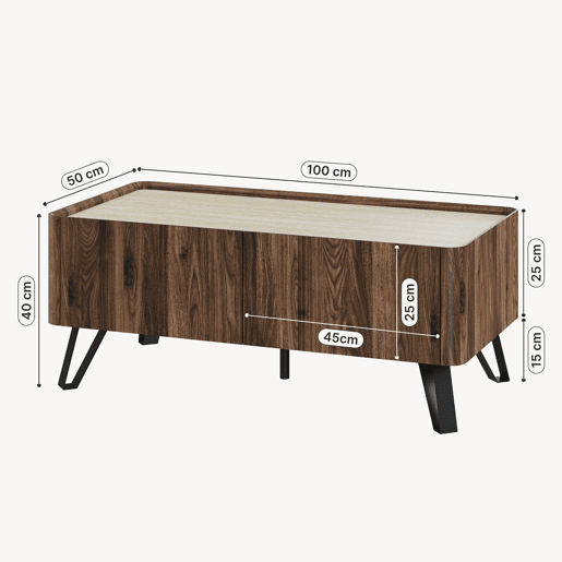 Mesa de centro Trorlon 2 gavetas 100x50x40 cm NogueiraTravertino en.casa