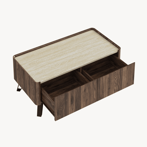 Mesa de centro Trorlon 2 gavetas 100x50x40 cm NogueiraTravertino en.casa