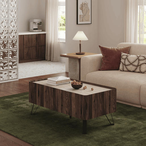 Mesa de centro Trorlon 2 gavetas 100x50x40 cm NogueiraTravertino en.casa