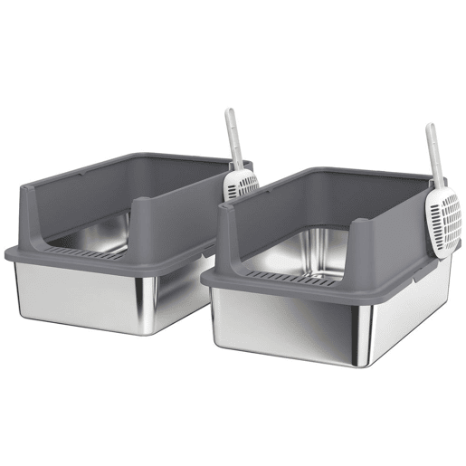 PawHut Conjunto de 2 Caixas de Areia XL em Aço Inoxidável para Gatos, com Bordo Alto, 2 Pás, Fácil de Limpar, para Gatos Grandes e Vários Gatos, Cinzento Escuro PawHut Conjunto de 2 Caixas de Areia XL em Aço Inoxidável para Gatos, com Bordo Alto, 2 Pás, Fácil de Limpar, para Gatos Grandes e Vários Gatos, Cinzento Escuro
