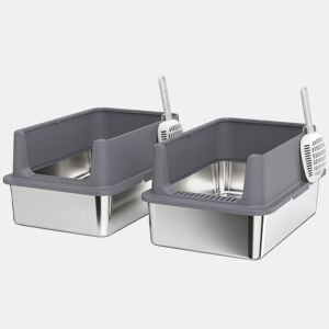 PawHut Conjunto de 2 Caixas de Areia XL em Aço Inoxidável para Gatos, com Bordo Alto, 2 Pás, Fácil de Limpar, para Gatos Grandes e Vários Gatos, Cinzento Escuro