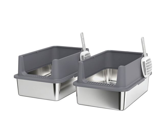 Pawhut juego de 2 areneros gatos de acero inoxidable xl caja de arena grande con borde alto, 2 palas, para gatos grandes y gatitos múltiples, fácil de limpiar, antifugas, antiadherente, gris oscuro