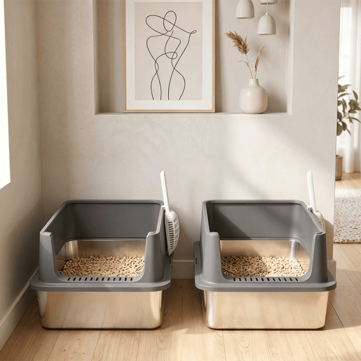 PawHut Conjunto de 2 Caixas de Areia XL em Aço Inoxidável para Gatos, com Bordo Alto, 2 Pás, Fácil de Limpar, para Gatos Grandes e Vários Gatos, Cinzento Escuro PawHut Conjunto de 2 Caixas de Areia XL em Aço Inoxidável para Gatos, com Bordo Alto, 2 Pás, Fácil de Limpar, para Gatos Grandes e Vários Gatos, Cinzento Escuro