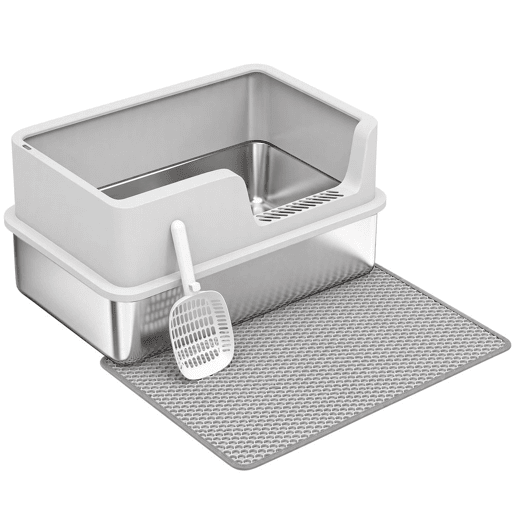 PawHut Caixa de Areia XL para Gatos em Aço Inoxidável, com Rebordo Alto, Pá, Escova e Gancho, Fácil de Limpar, Antifugas, Cinzento-Claro PawHut Caixa de Areia XL para Gatos em Aço Inoxidável, com Rebordo Alto, Pá, Escova e Gancho, Fácil de Limpar, Antifugas, Cinzento-Claro