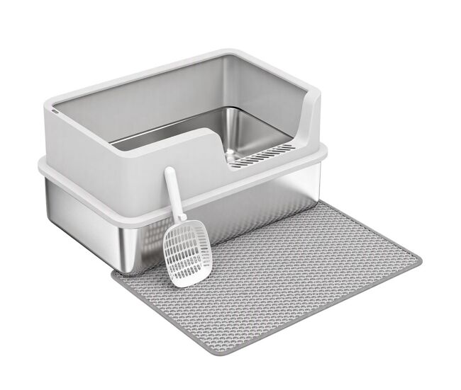 Pawhut arenero para gatos de acero inoxidable xl, caja de arena para gatos, arenero con borde alto, pala, cepillo, gancho, fácil de limpiar, antifugas, gris claro