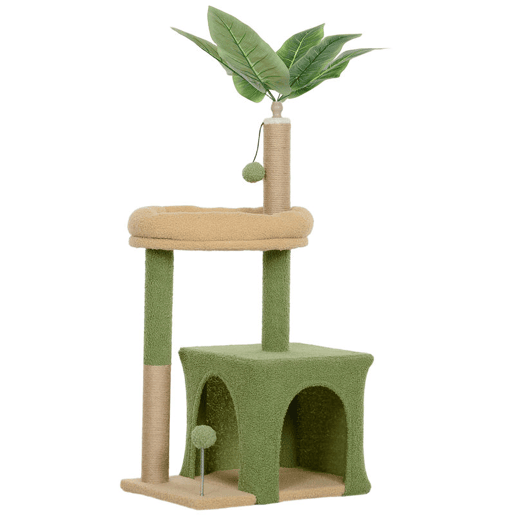 PawHut Árvore Arranhadora para Gatos 98 cm com Folhas Artificiais, Toca, Cama, Postes em Juta e 2 Bolas, Verde PawHut Árvore Arranhadora para Gatos 98 cm com Folhas Artificiais, Toca, Cama, Postes em Juta e 2 Bolas, Verde