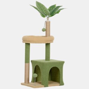 PawHut Árvore Arranhadora para Gatos 98 cm com Folhas Artificiais, Toca, Cama, Postes em Juta e 2 Bolas, Verde