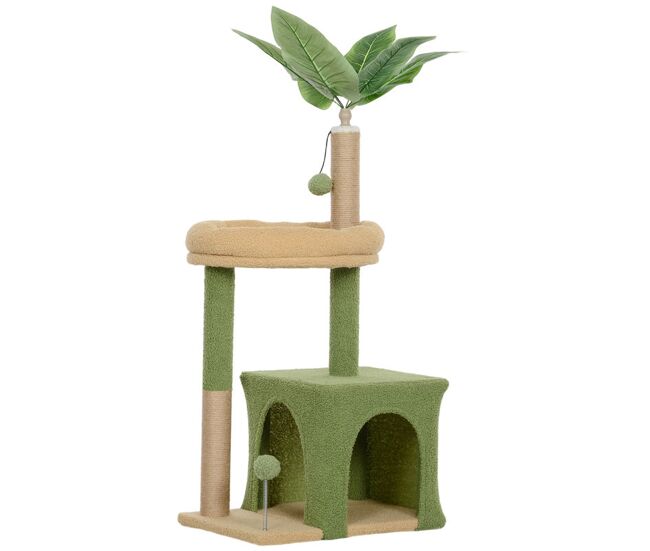 Pawhut árbol rascador para gatos 98 cm, torre para gatos con hojas artificiales, cueva, cama, postes rascadores, 2 bolas de juguete, cubierto de