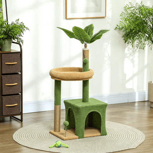 PawHut Árvore Arranhadora para Gatos 98 cm com Folhas Artificiais, Toca, Cama, Postes em Juta e 2 Bolas, Verde PawHut Árvore Arranhadora para Gatos 98 cm com Folhas Artificiais, Toca, Cama, Postes em Juta e 2 Bolas, Verde