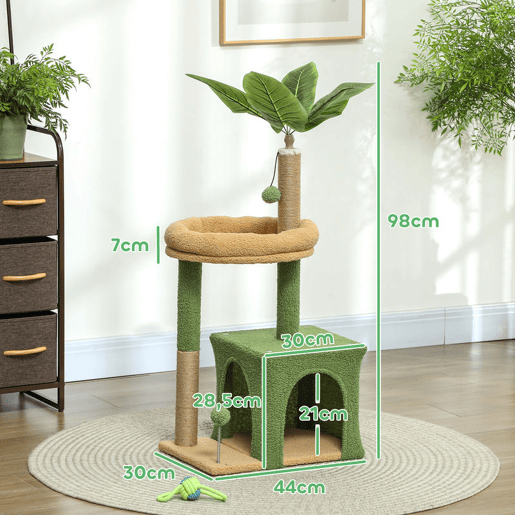 PawHut Árvore Arranhadora para Gatos 98 cm com Folhas Artificiais, Toca, Cama, Postes em Juta e 2 Bolas, Verde PawHut Árvore Arranhadora para Gatos 98 cm com Folhas Artificiais, Toca, Cama, Postes em Juta e 2 Bolas, Verde