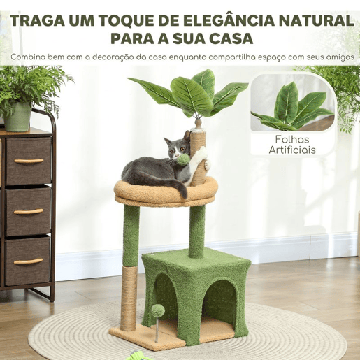 PawHut Árvore Arranhadora para Gatos 98 cm com Folhas Artificiais, Toca, Cama, Postes em Juta e 2 Bolas, Verde PawHut Árvore Arranhadora para Gatos 98 cm com Folhas Artificiais, Toca, Cama, Postes em Juta e 2 Bolas, Verde