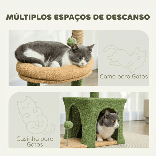 PawHut Árvore Arranhadora para Gatos 98 cm com Folhas Artificiais, Toca, Cama, Postes em Juta e 2 Bolas, Verde PawHut Árvore Arranhadora para Gatos 98 cm com Folhas Artificiais, Toca, Cama, Postes em Juta e 2 Bolas, Verde