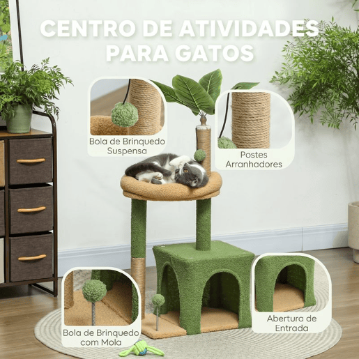 PawHut Árvore Arranhadora para Gatos 98 cm com Folhas Artificiais, Toca, Cama, Postes em Juta e 2 Bolas, Verde PawHut Árvore Arranhadora para Gatos 98 cm com Folhas Artificiais, Toca, Cama, Postes em Juta e 2 Bolas, Verde