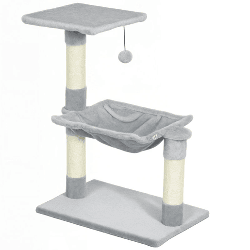 PawHut Árvore Arranhador para Gatos 50x36x70 cm com Rede, Plataforma, Postes em Sisal e Bola Suspensa Cinzento-Claro PawHut Árvore Arranhador para Gatos 50x36x70 cm com Rede, Plataforma, Postes em Sisal e Bola Suspensa Cinzento-Claro